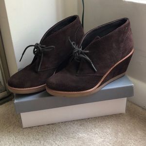 Coach chocolate suede lace up wedge booties